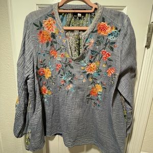 Johnny Was Long Sleeve Embroidered Top LARGE